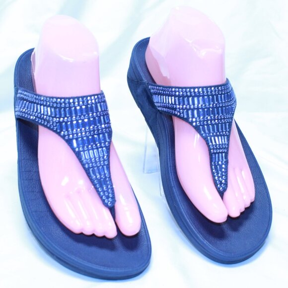 FitFlop Size 9 Navy Blue INCASTONE Wedge Comfort Toe Post Thong Sandals - Picture 1 of 13